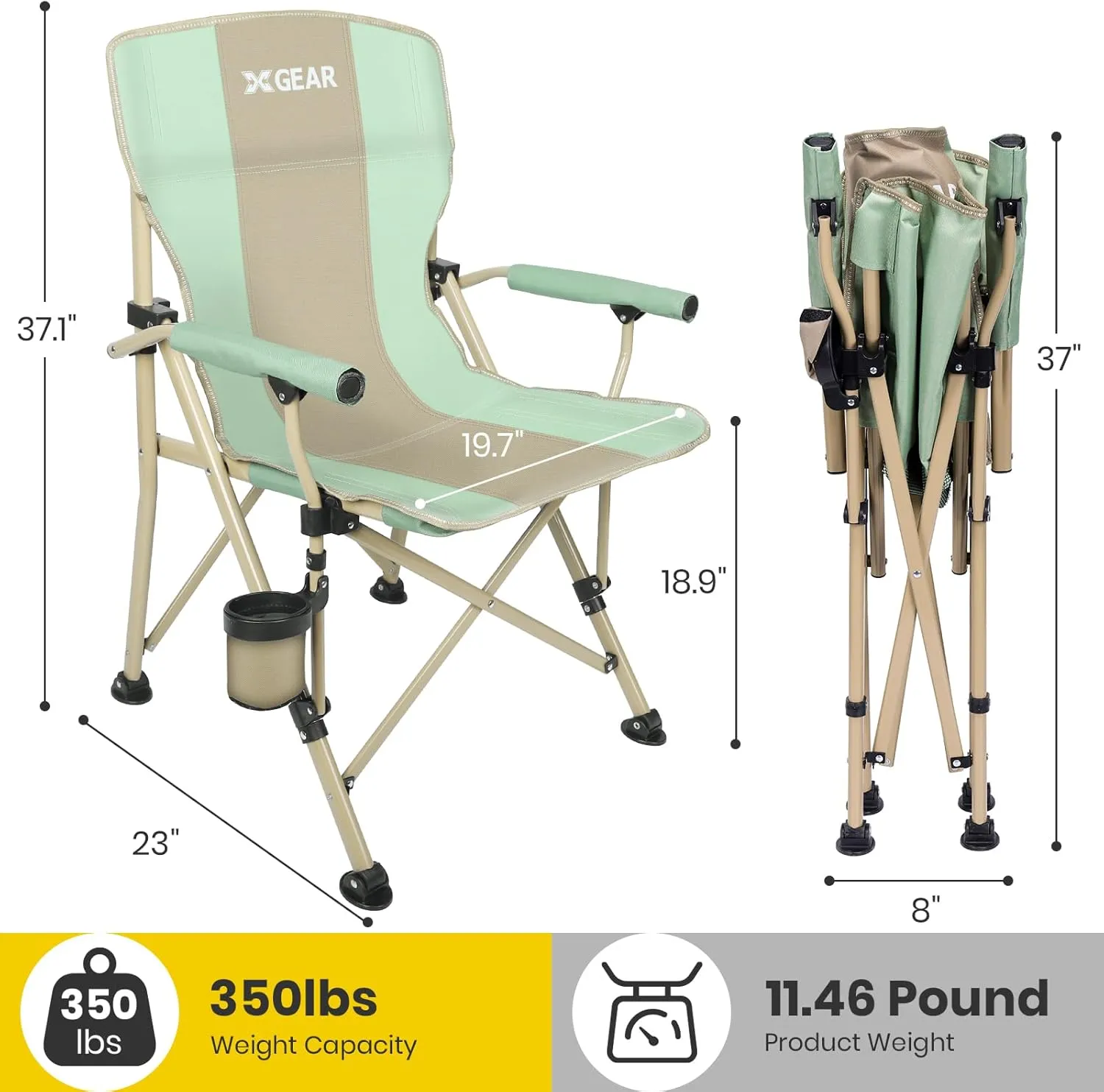 XGEAR Camping Chair with Padded Hard Armrest, Sturdy Folding Camp Chair with Cup Holder, Storage Pockets Carry Bag Included, Support to 400 lbs (1-Green)