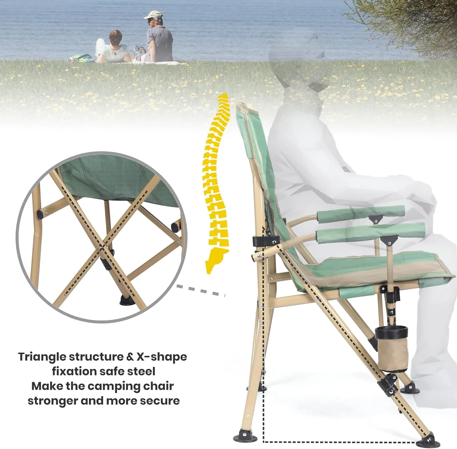 XGEAR Camping Chair with Padded Hard Armrest, Sturdy Folding Camp Chair with Cup Holder, Storage Pockets Carry Bag Included, Support to 400 lbs (1-Green)