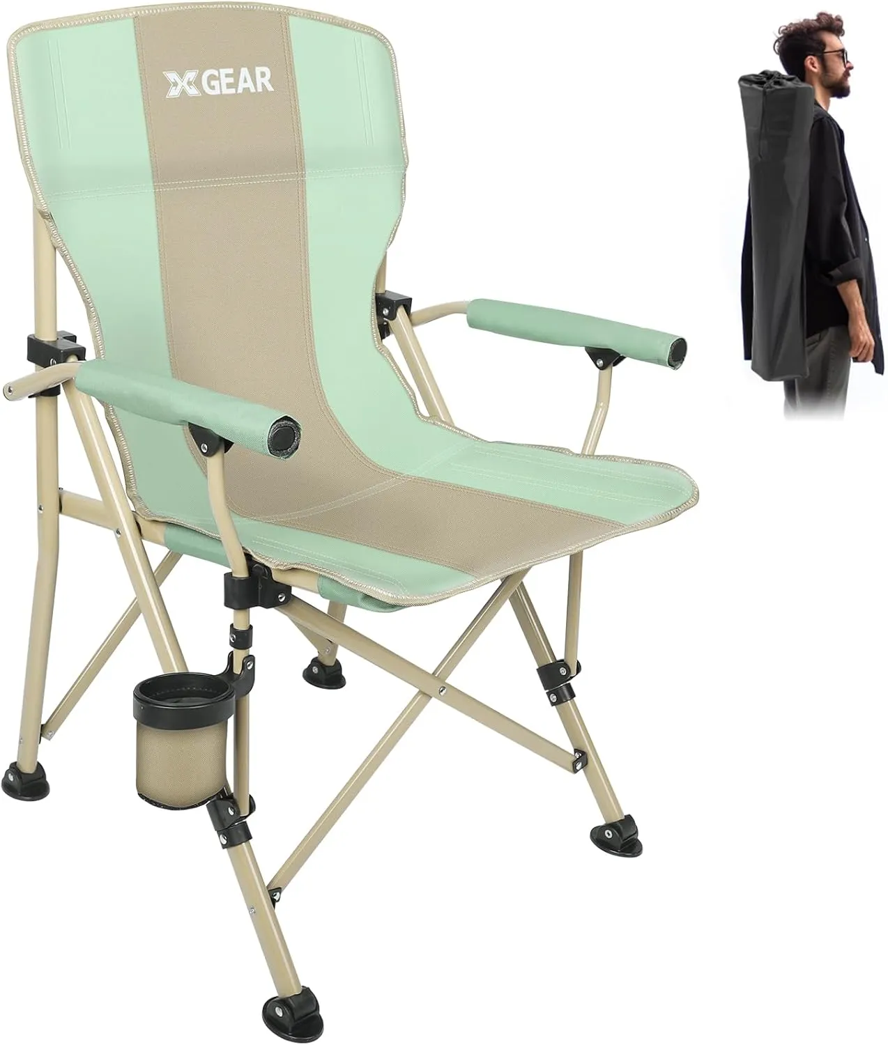 XGEAR Camping Chair with Padded Hard Armrest, Sturdy Folding Camp Chair with Cup Holder, Storage Pockets Carry Bag Included, Support to 400 lbs (1-Green)
