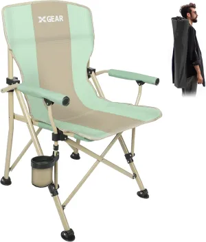 XGEAR Camping Chair with Padded Hard Armrest, Sturdy Folding Camp Chair with Cup Holder, Storage Pockets Carry Bag Included, Support to 400 lbs (1-Green)
