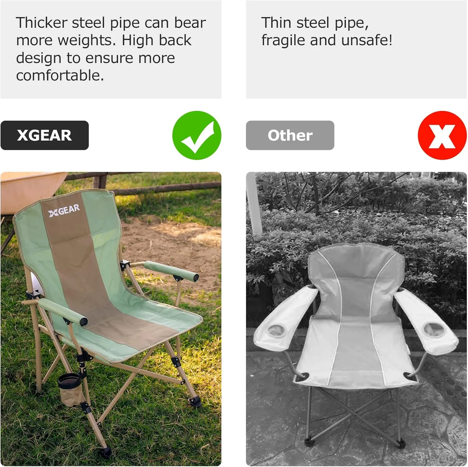 XGEAR Camping Chair with Padded Hard Armrest, Sturdy Folding Camp Chair with Cup Holder, Storage Pockets Carry Bag Included, Support to 400 lbs (1-Green)