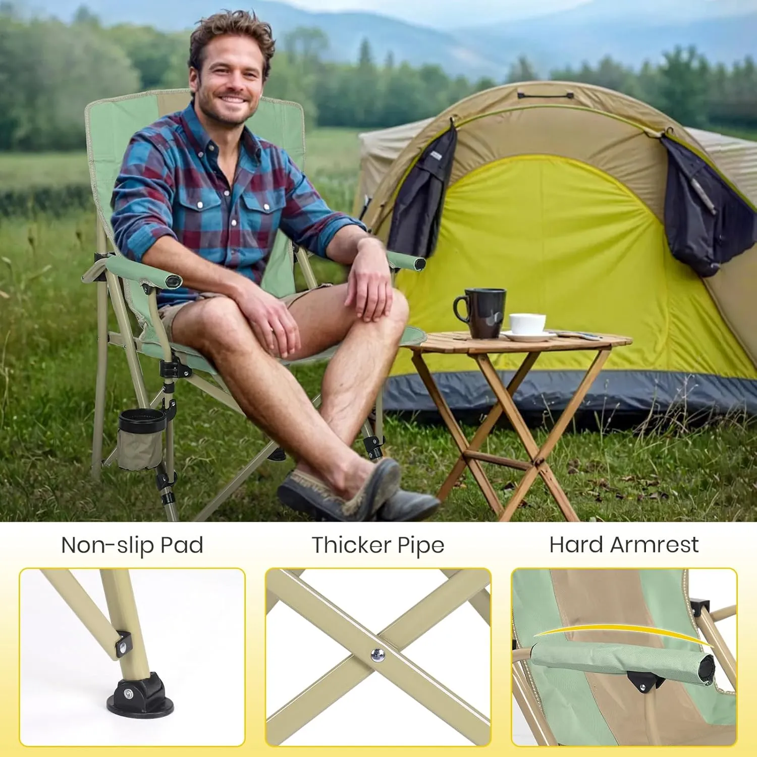 XGEAR Camping Chair with Padded Hard Armrest, Sturdy Folding Camp Chair with Cup Holder, Storage Pockets Carry Bag Included, Support to 400 lbs (1-Green)
