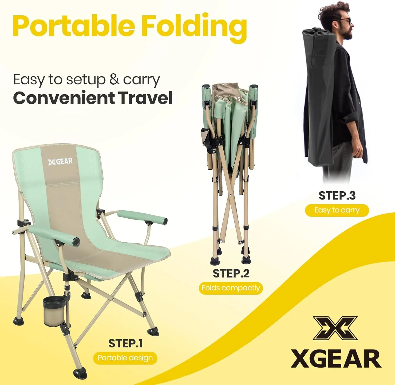 XGEAR Camping Chair with Padded Hard Armrest, Sturdy Folding Camp Chair with Cup Holder, Storage Pockets Carry Bag Included, Support to 400 lbs (1-Green)
