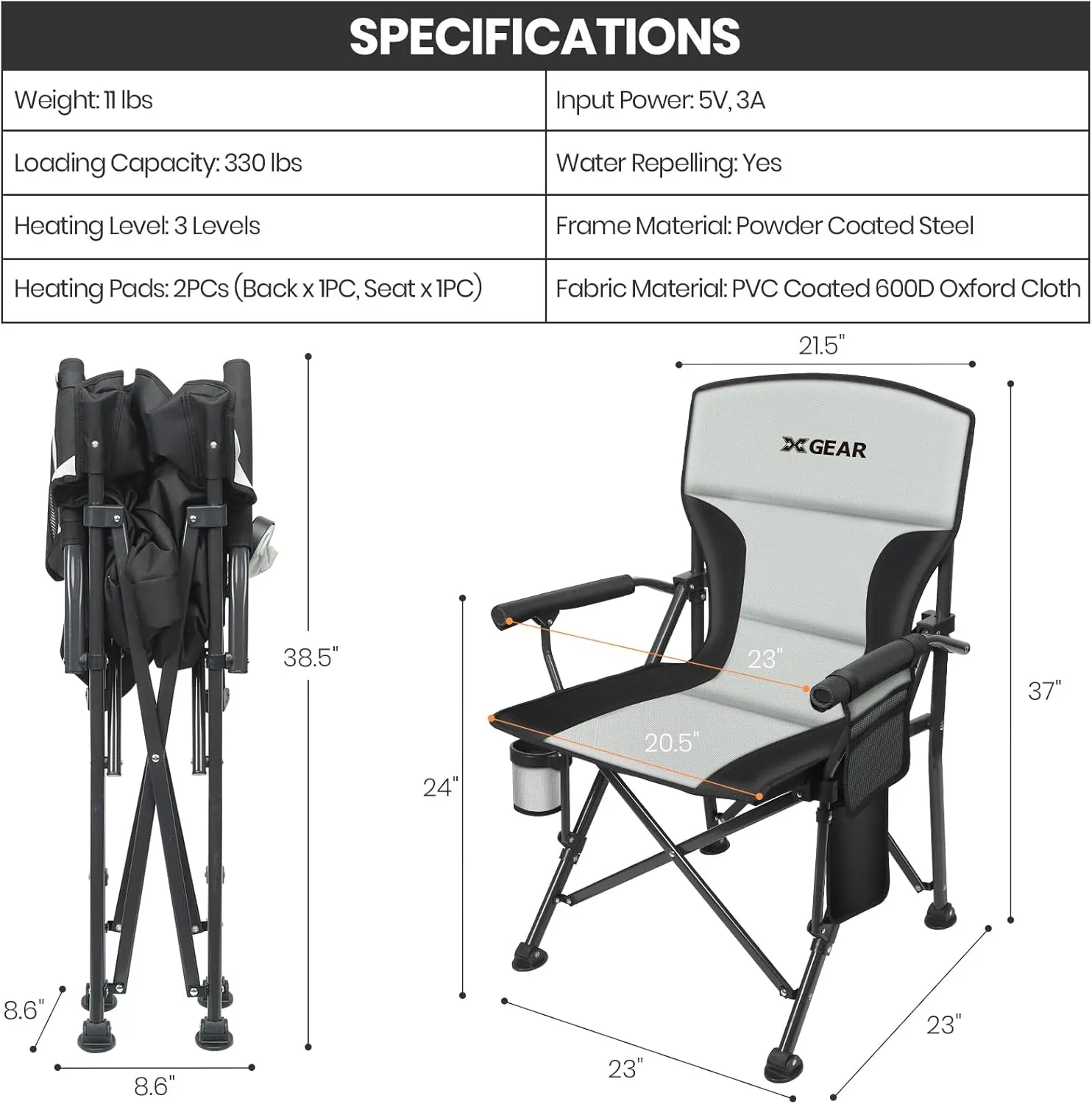 XGEAR Heated Camping Chair Fully Padded Heated Portable Chair, Perfect for Winter Camping, Outdoor Sports, Picnics. Battery NOT Included