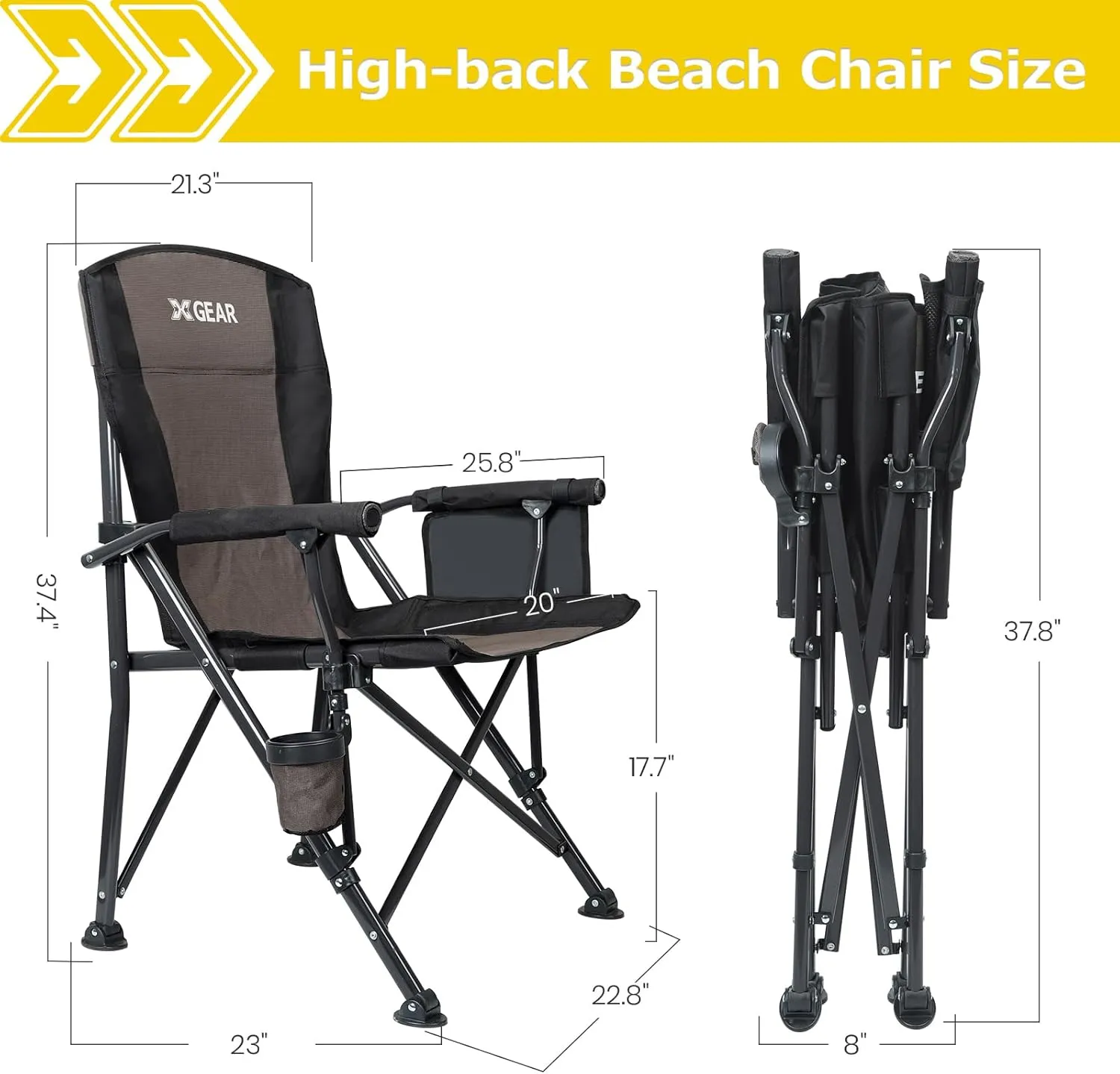 XGEAR Portable Camping Chair for Adutls - Heavy Duty Outdoor Camp Chairs - Folding Lawn Chair with Padded Hard Armrest Cup Holder Storage Pocket - Collapsible for Outdoor Fishing Garden
