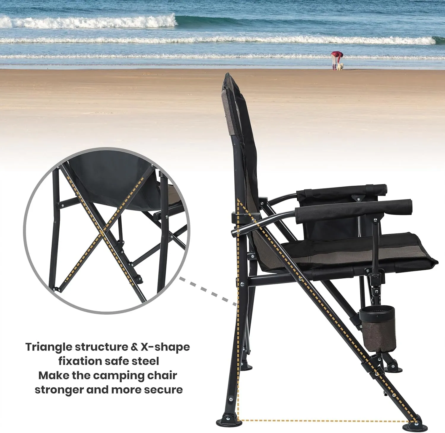 XGEAR Portable Camping Chair for Adutls - Heavy Duty Outdoor Camp Chairs - Folding Lawn Chair with Padded Hard Armrest Cup Holder Storage Pocket - Collapsible for Outdoor Fishing Garden