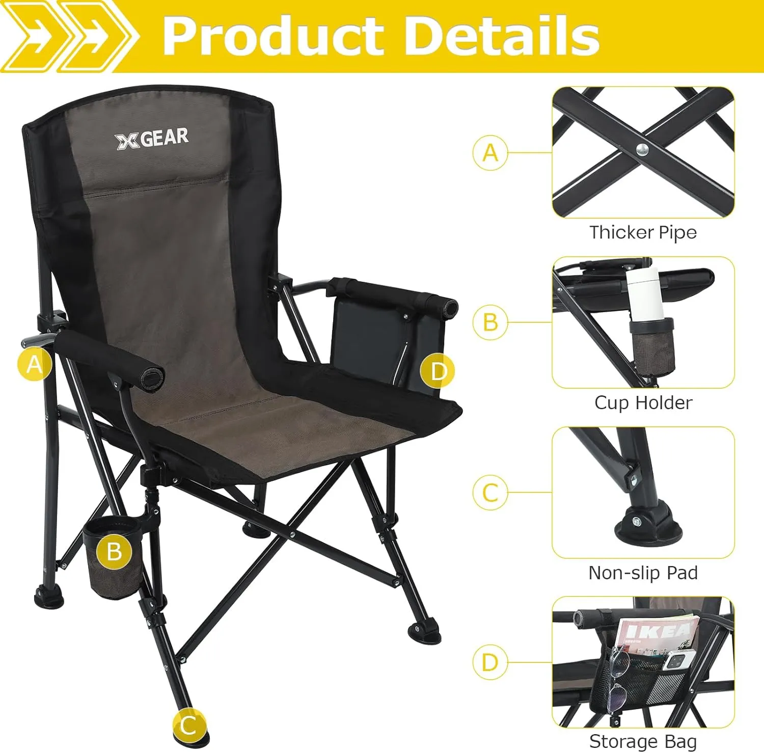 XGEAR Portable Camping Chair for Adutls - Heavy Duty Outdoor Camp Chairs - Folding Lawn Chair with Padded Hard Armrest Cup Holder Storage Pocket - Collapsible for Outdoor Fishing Garden