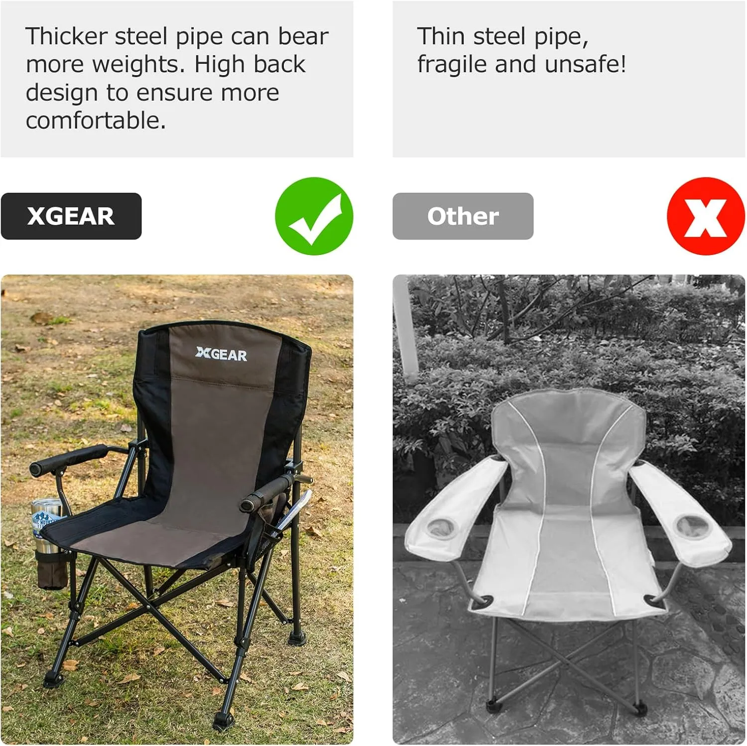 XGEAR Portable Camping Chair for Adutls - Heavy Duty Outdoor Camp Chairs - Folding Lawn Chair with Padded Hard Armrest Cup Holder Storage Pocket - Collapsible for Outdoor Fishing Garden