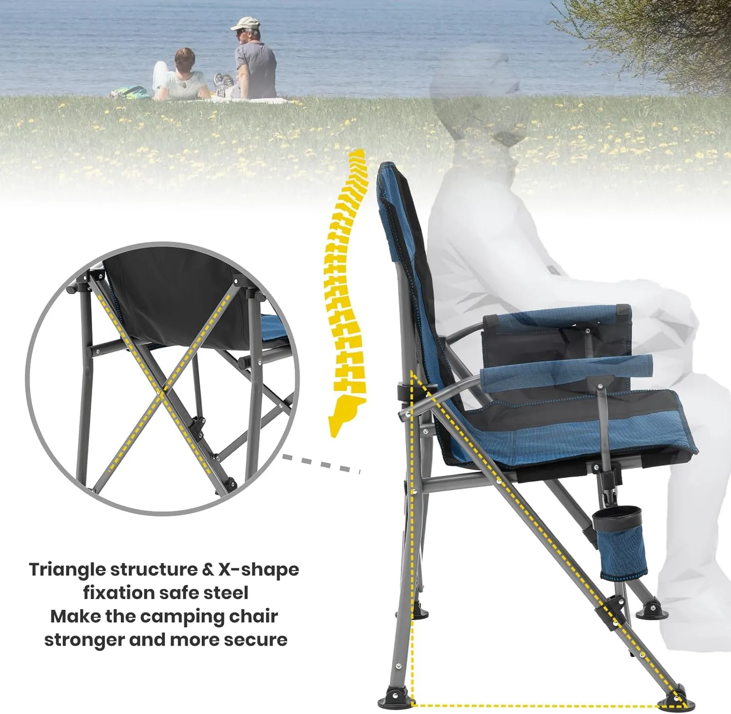 XGEAR Portable Camping Chairs for Adults with Padded Hard Armrest, Sturdy Folding Camping Chair with Cup Holder, Storage Pockets Carry Bag Included, Support to 300 lbs(Blue)