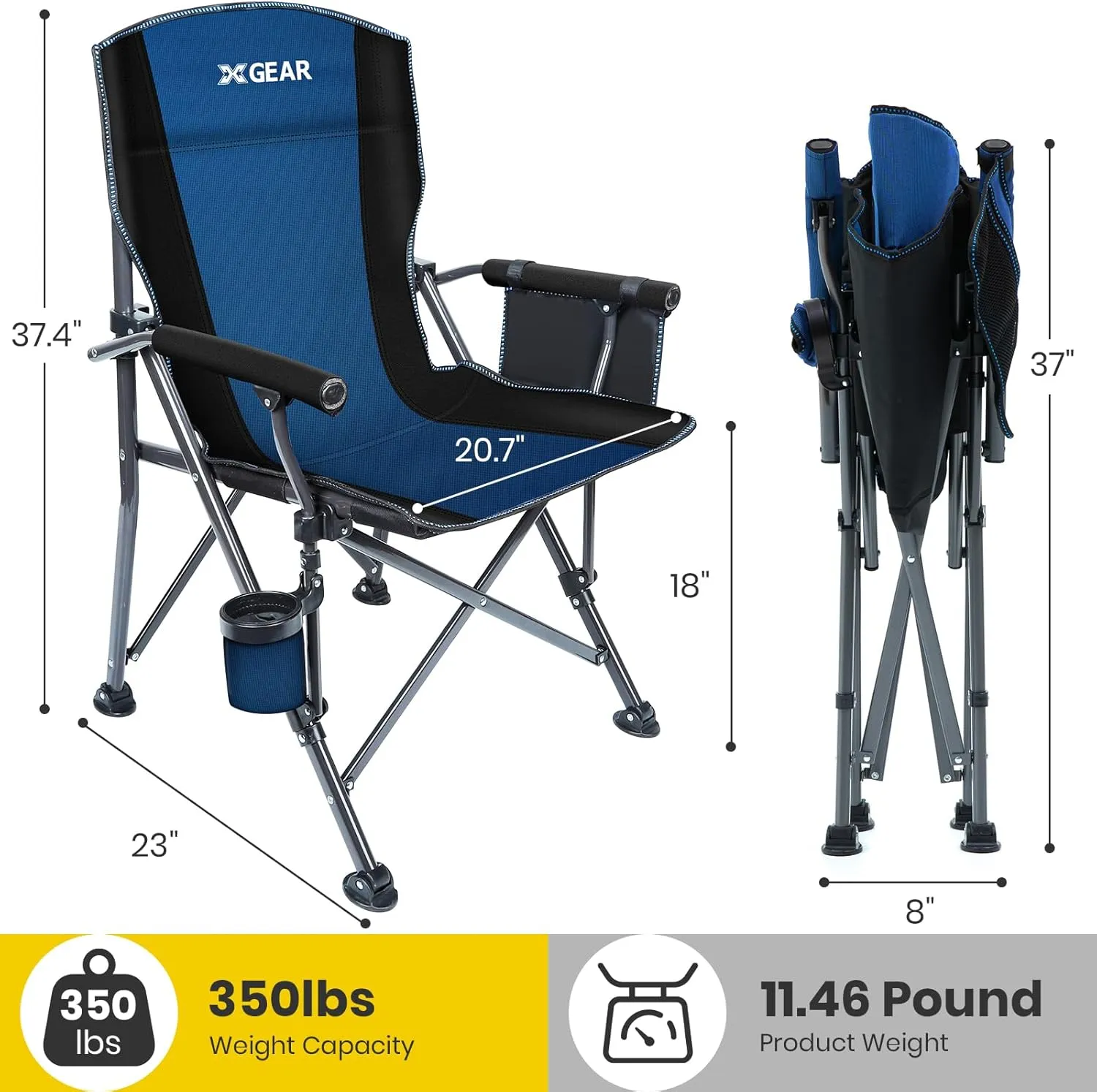 XGEAR Portable Camping Chairs for Adults with Padded Hard Armrest, Sturdy Folding Camping Chair with Cup Holder, Storage Pockets Carry Bag Included, Support to 300 lbs(Blue)