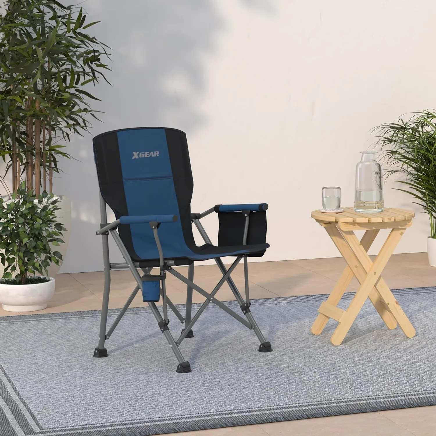 XGEAR Portable Camping Chairs for Adults with Padded Hard Armrest, Sturdy Folding Camping Chair with Cup Holder, Storage Pockets Carry Bag Included, Support to 300 lbs(Blue)