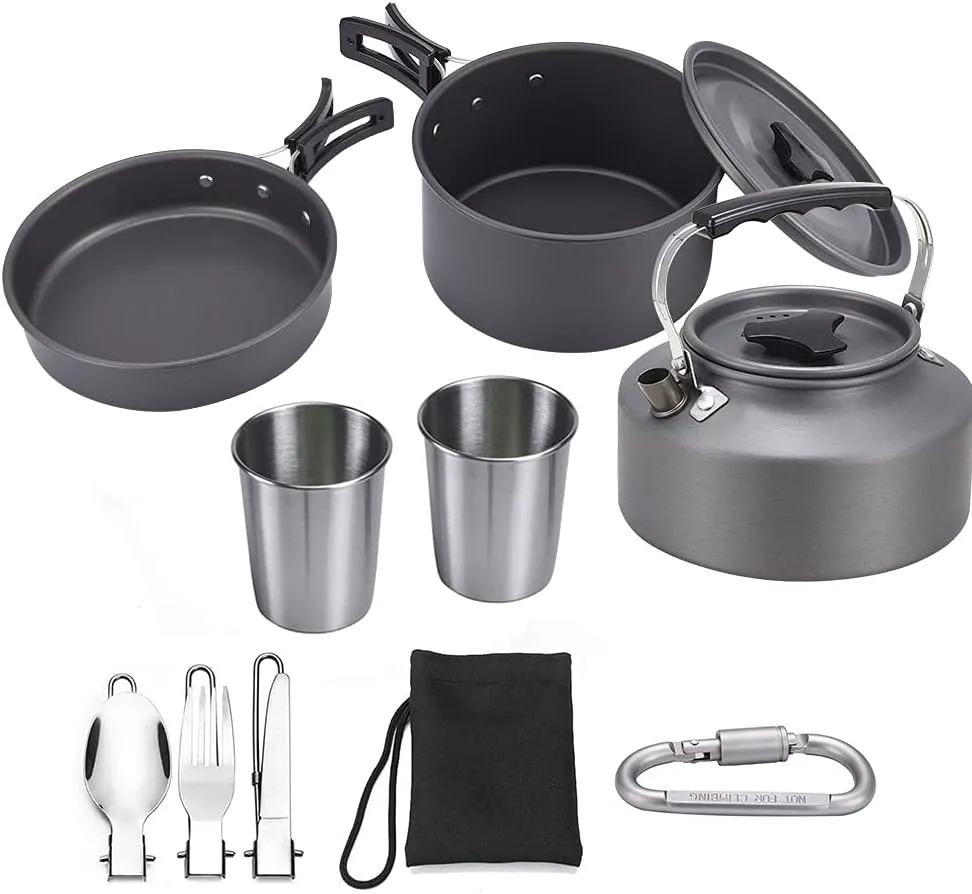 XhuangTech 10PCS Camping Cookware Mess Kit,Camping Pot and Pan Set with Kettle,Lightweight Portable Camping Cooking Set for Hiking,Backpacking,Outdoor and Picnic