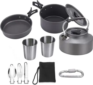 XhuangTech 10PCS Camping Cookware Mess Kit,Camping Pot and Pan Set with Kettle,Lightweight Portable Camping Cooking Set for Hiking,Backpacking,Outdoor and Picnic