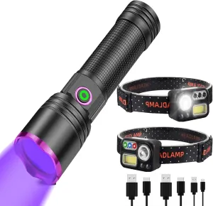 XLENTGEN 20W UV Light Flashlight 365nm, Black Light Ultraviolet Flashlights, Headlamp Rechargeable 4 Colors in 1 LED Headlamp 500 Lumens Super Bright Motion Sensor Head Lamp, 2-Pack 8 Modes White Red