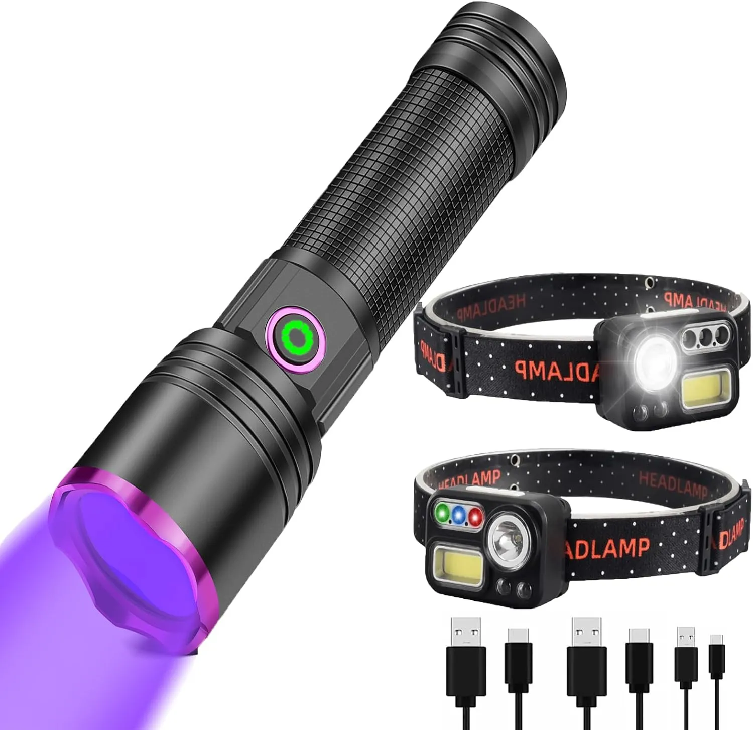 XLENTGEN 20W UV Light Flashlight 365nm, Black Light Ultraviolet Flashlights, Headlamp Rechargeable 4 Colors in 1 LED Headlamp 500 Lumens Super Bright Motion Sensor Head Lamp, 2-Pack 8 Modes White Red