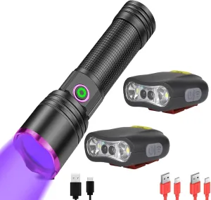 XLENTGEN 365nm Black Light Ultraviolet Flashlights, Cap Lights Clip on Hat 2 Pack Rechargeable LED Headlamp Motion Sensor Clip Light, Adjustable 90, Waterproof Hands Free Flashlight for Camping, Fishi