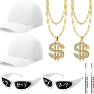 Yahenda 8 Pcs Hip Hop Costume Kit 2000s 80s 90s Rapper Accessories Costume for Men Women Rapper Sunglass Hats Pens and Chain