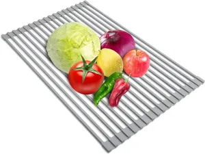 YEHUARIS Roll-Up Dish Drying Rack, Multifunctional Rollable Over Sink Dish Rack with Utensil Holder, Foldable Silicone Wrapped Steel Drain Rack for Kitchen Sink Counter, 20.47"(L) x 12.59"(W)