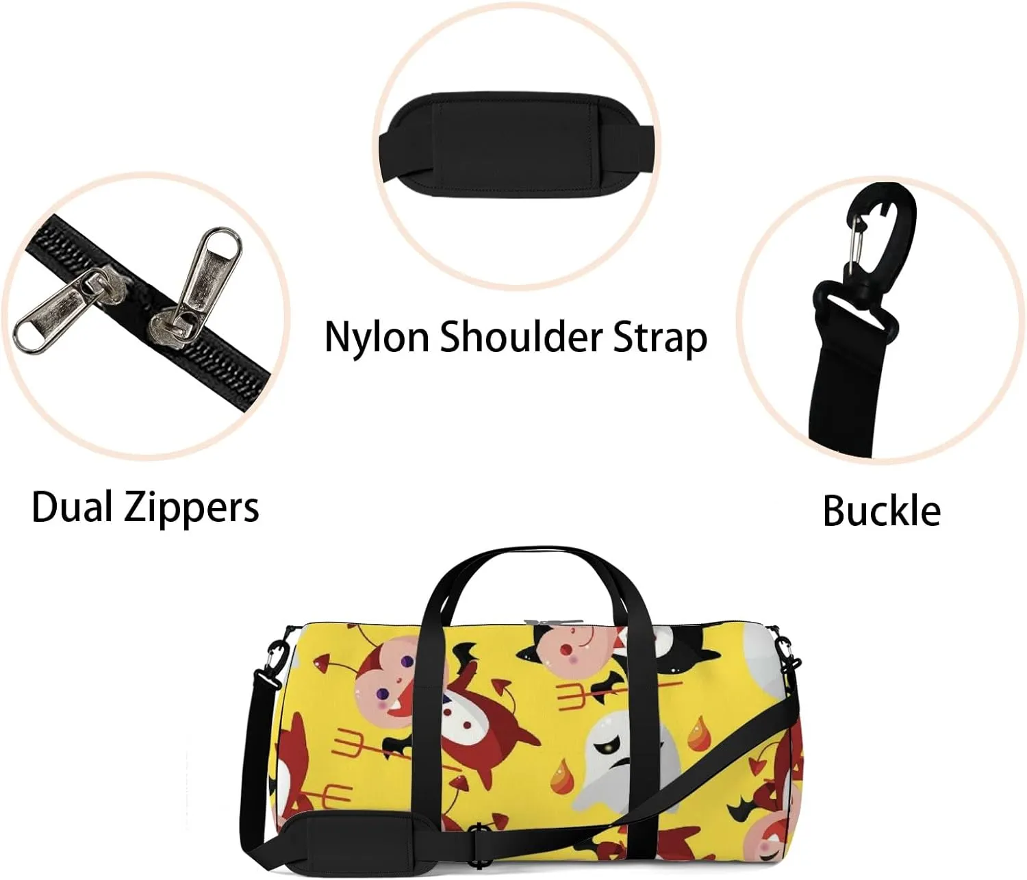 Yellow Kawaii Cute Cartoon Halloween Ghost Sports Bag Tote Bag Waterproof Gym Bag with Shoulder Strap Zipper 2 Side Pockets for Men and Women, Travel and Storage Shoulder Bag.