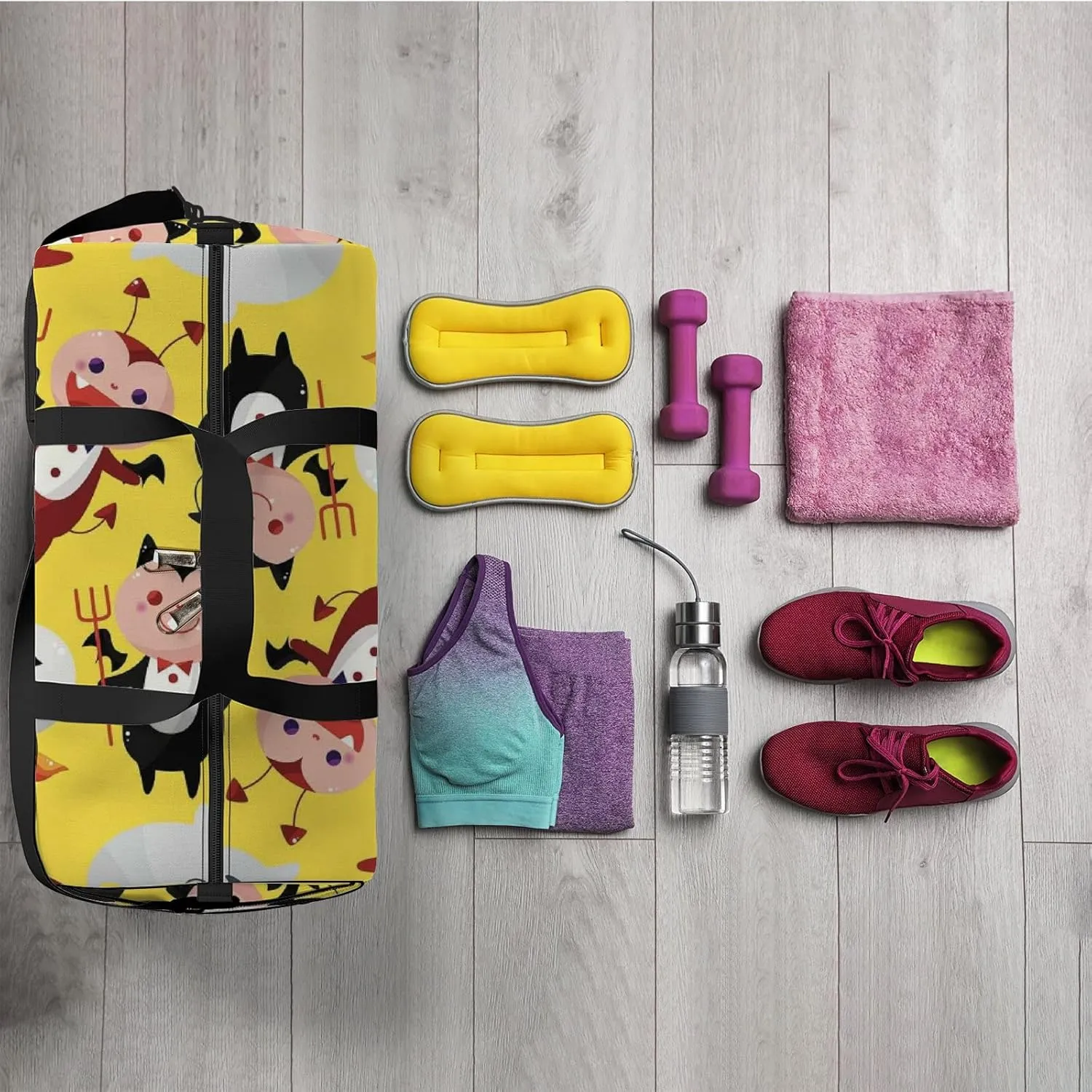 Yellow Kawaii Cute Cartoon Halloween Ghost Sports Bag Tote Bag Waterproof Gym Bag with Shoulder Strap Zipper 2 Side Pockets for Men and Women, Travel and Storage Shoulder Bag.