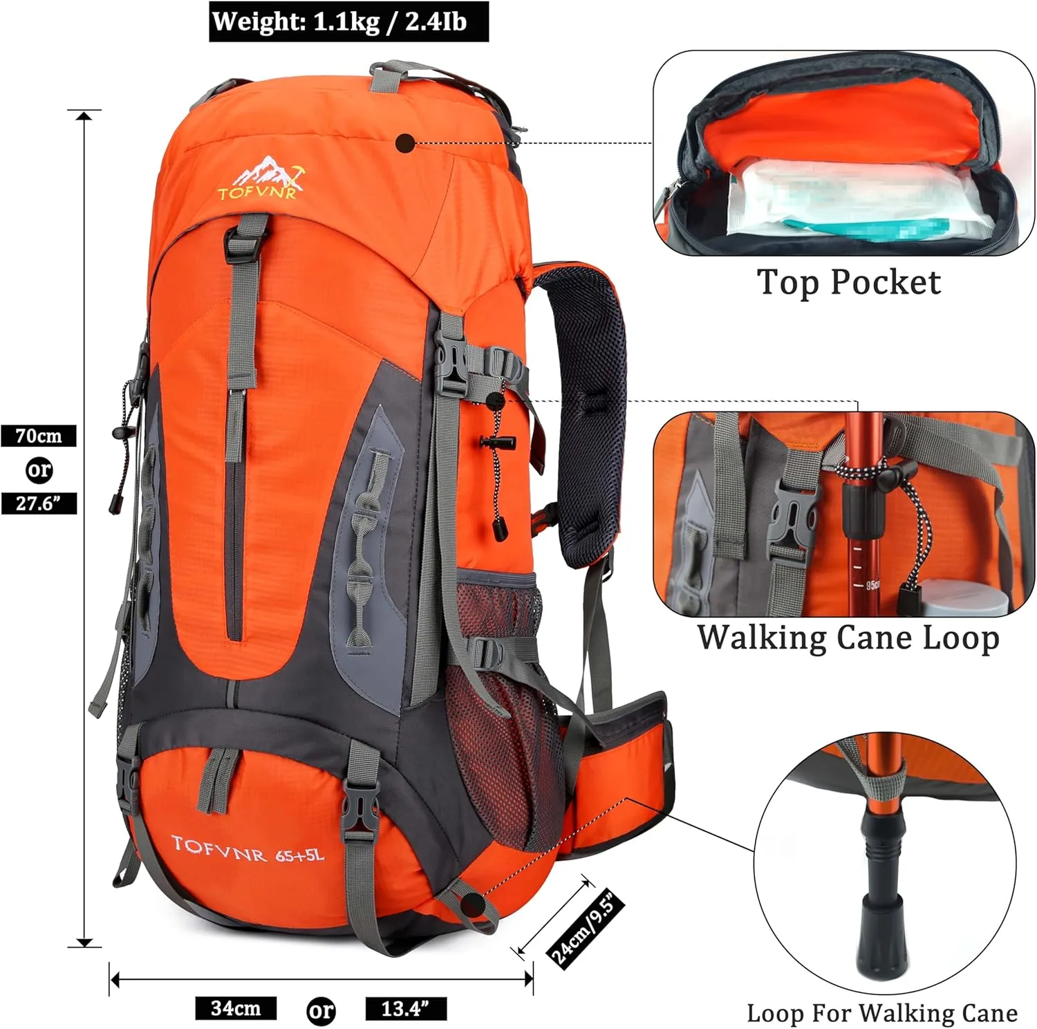 YFREAL 60L Travel Hiking Camping Backpack with Rain Cover and 2 Carebiners,Backpack Water Resistant,Climbing Backpack for Men Women (ORANGE)
