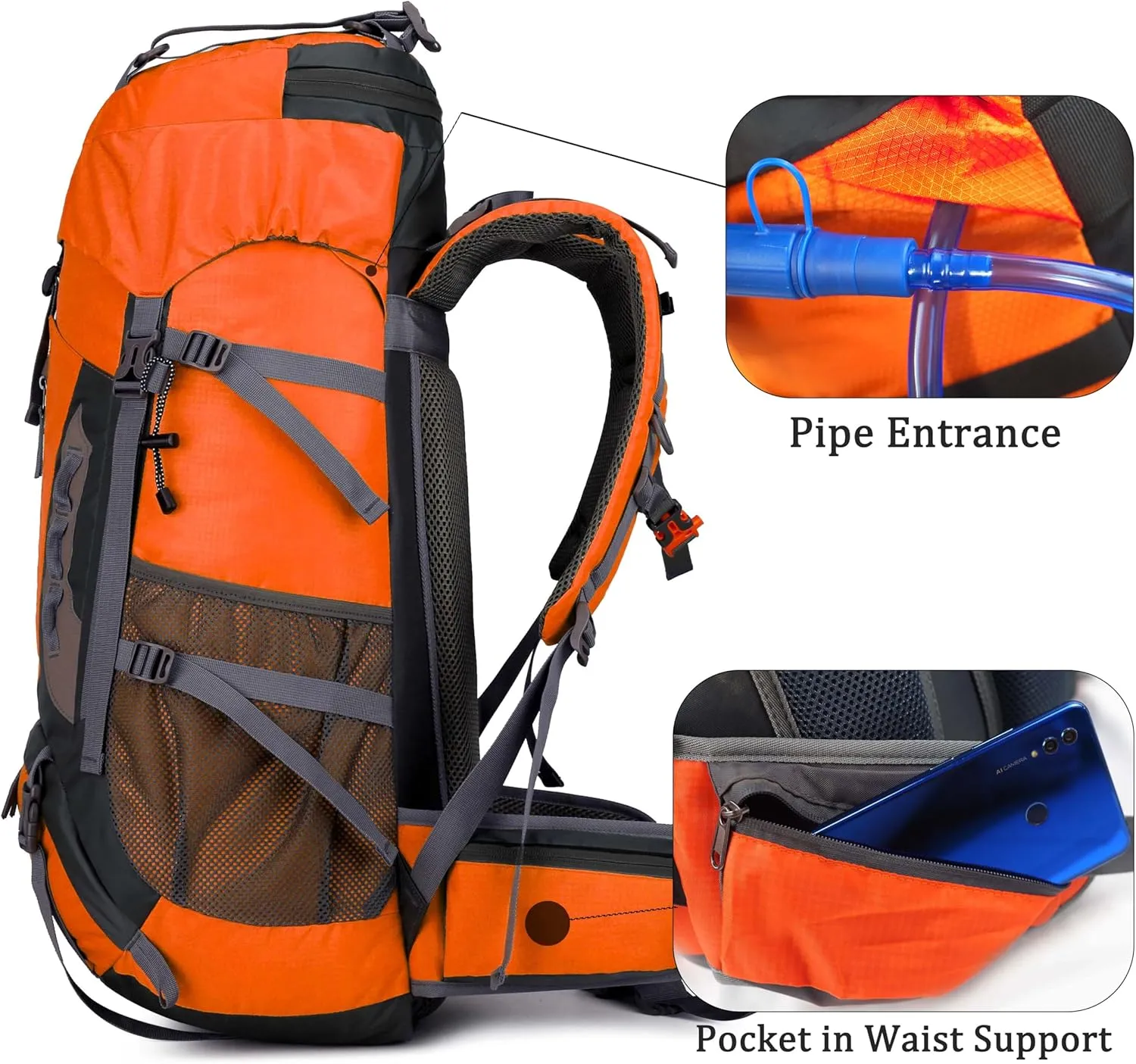 YFREAL 60L Travel Hiking Camping Backpack with Rain Cover and 2 Carebiners,Backpack Water Resistant,Climbing Backpack for Men Women (ORANGE)