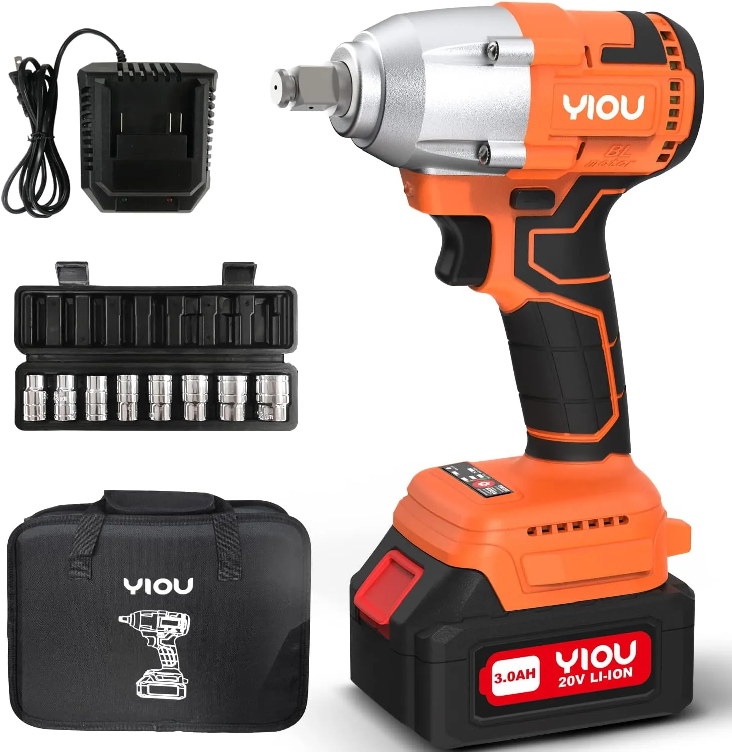 YIOU 20V MAX Cordless Impact Wrench 1/2 inch,Compact Impact Wrench Set for Home & Car,Max Torque 320NM,3.0A Li-ion Battery, 9Pcs Driver Impact Sockets, Brushless Motor,Fast Charger and Tool Bag,Orange