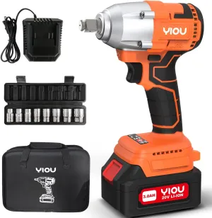 YIOU 20V MAX Cordless Impact Wrench 1/2 inch,Compact Impact Wrench Set for Home & Car,Max Torque 320NM,3.0A Li-ion Battery, 9Pcs Driver Impact Sockets, Brushless Motor,Fast Charger and Tool Bag,Orange