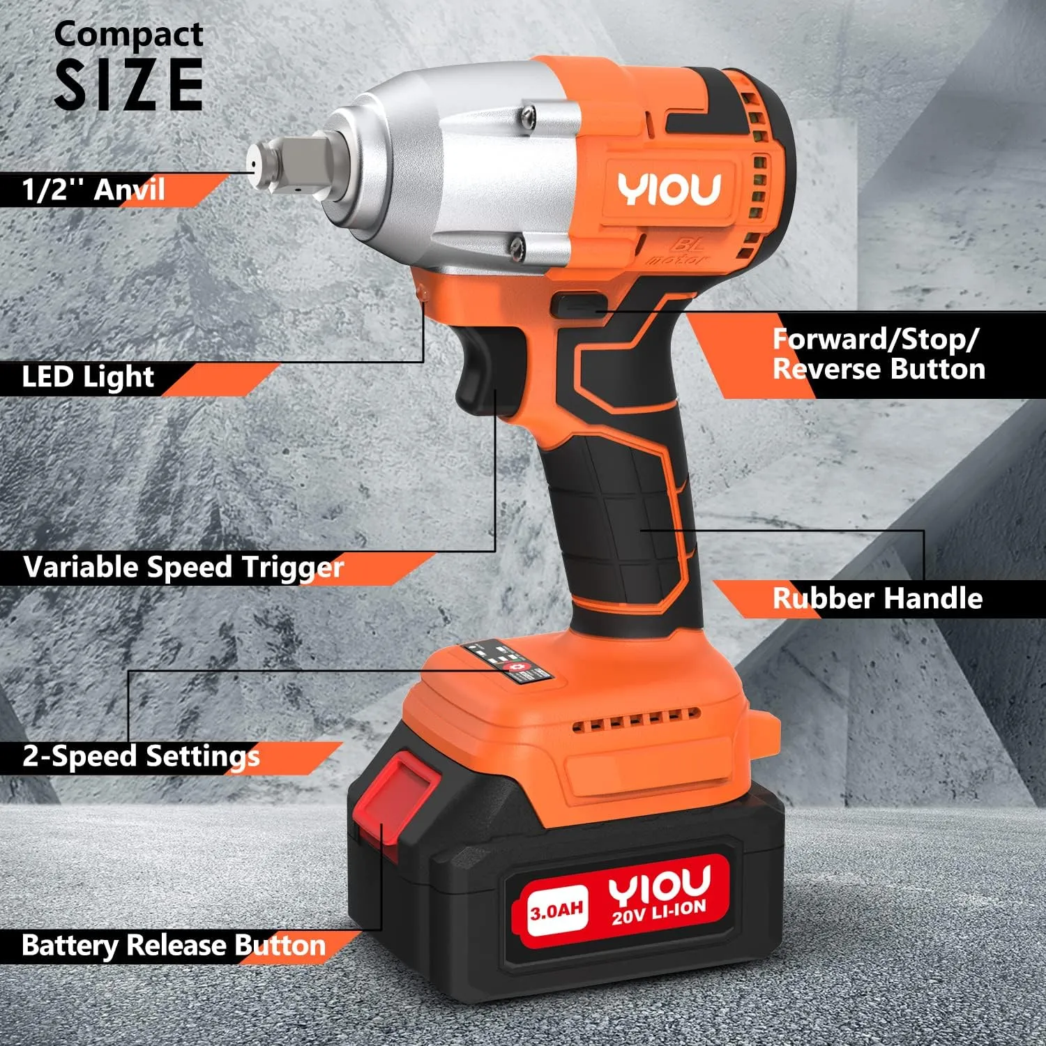 YIOU 20V MAX Cordless Impact Wrench 1/2 inch,Compact Impact Wrench Set for Home & Car,Max Torque 320NM,3.0A Li-ion Battery, 9Pcs Driver Impact Sockets, Brushless Motor,Fast Charger and Tool Bag,Orange