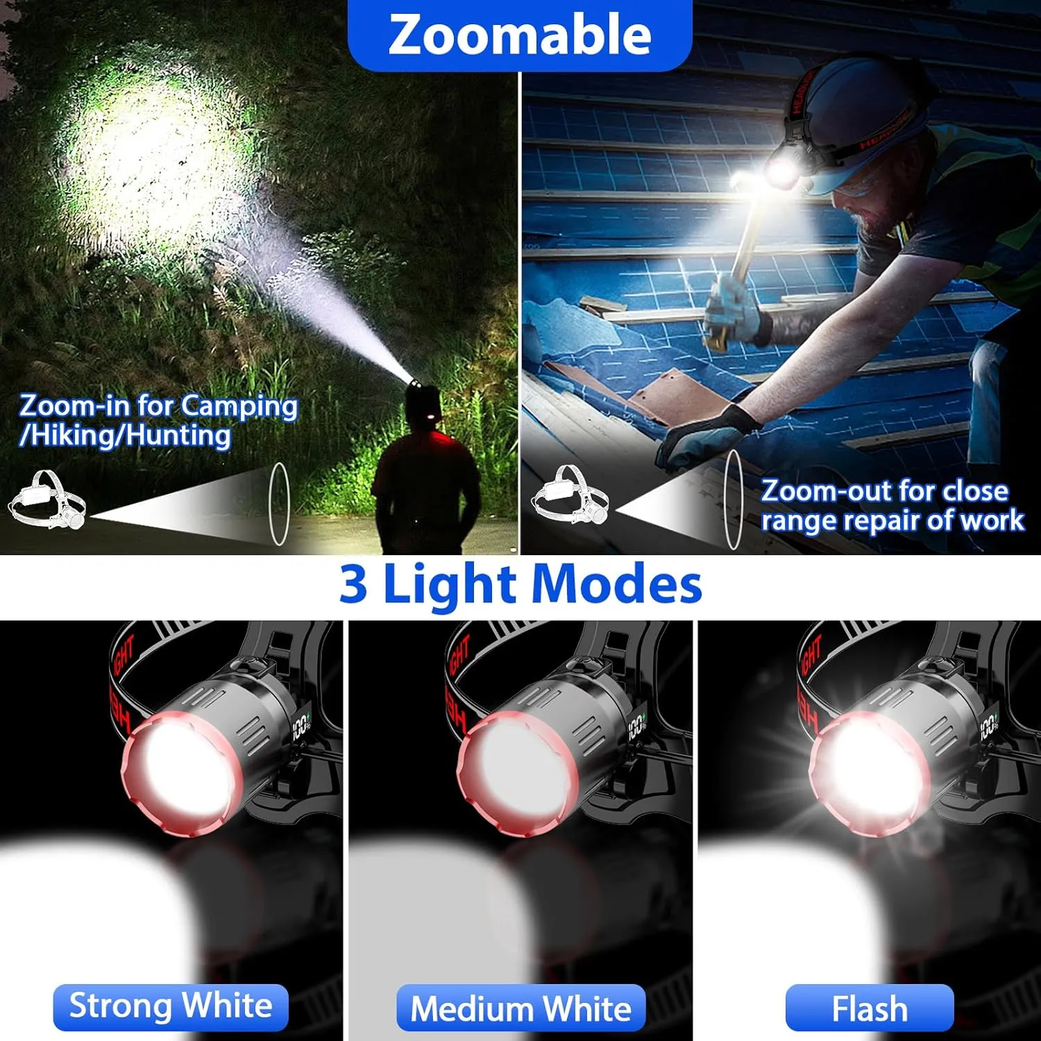 Yoobao Rechargeable Headlamp 2 Pack, USB Output, 3 Light Modes, 90°Adjustable, 100000 Lumens Headlights for Head, LED Headlamp for Running Cycling Repair Fishing Outdoor Essentials Gear