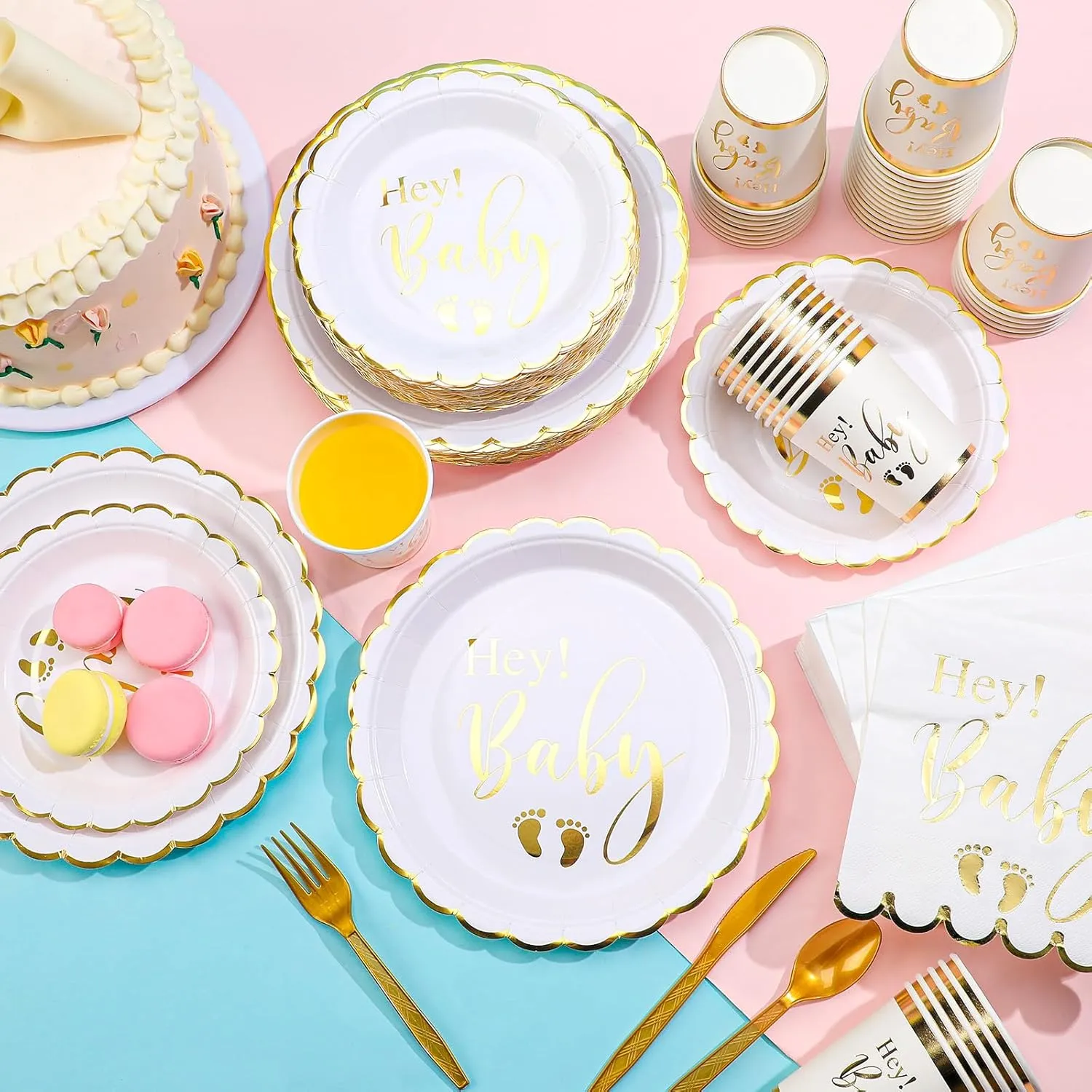 Yungyan 400 Pcs Baby Shower Dinnerware for 50 Guest Baby Shower Paper Plate Napkin Set Gender Reveal Plate Napkins Cup Footprint Disposable Knives Fork Spoon Gender Reveal(Gold,Delicate)