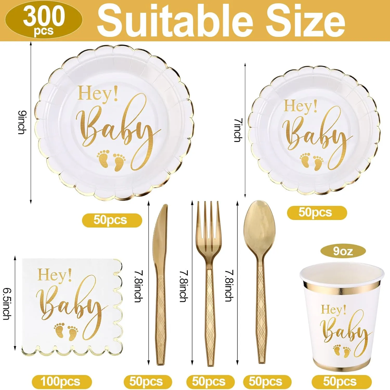Yungyan 400 Pcs Baby Shower Dinnerware for 50 Guest Baby Shower Paper Plate Napkin Set Gender Reveal Plate Napkins Cup Footprint Disposable Knives Fork Spoon Gender Reveal(Gold,Delicate)