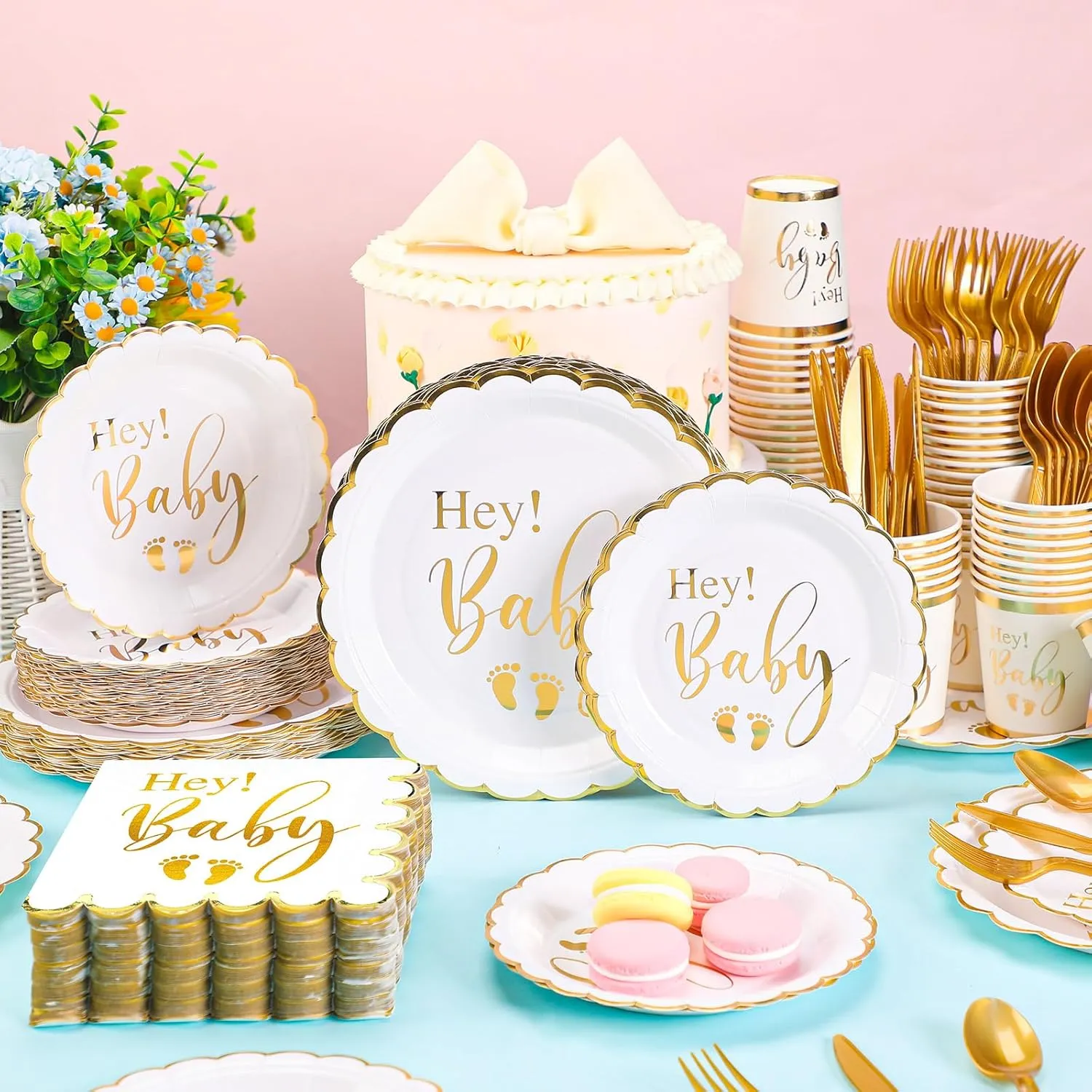 Yungyan 400 Pcs Baby Shower Dinnerware for 50 Guest Baby Shower Paper Plate Napkin Set Gender Reveal Plate Napkins Cup Footprint Disposable Knives Fork Spoon Gender Reveal(Gold,Delicate)