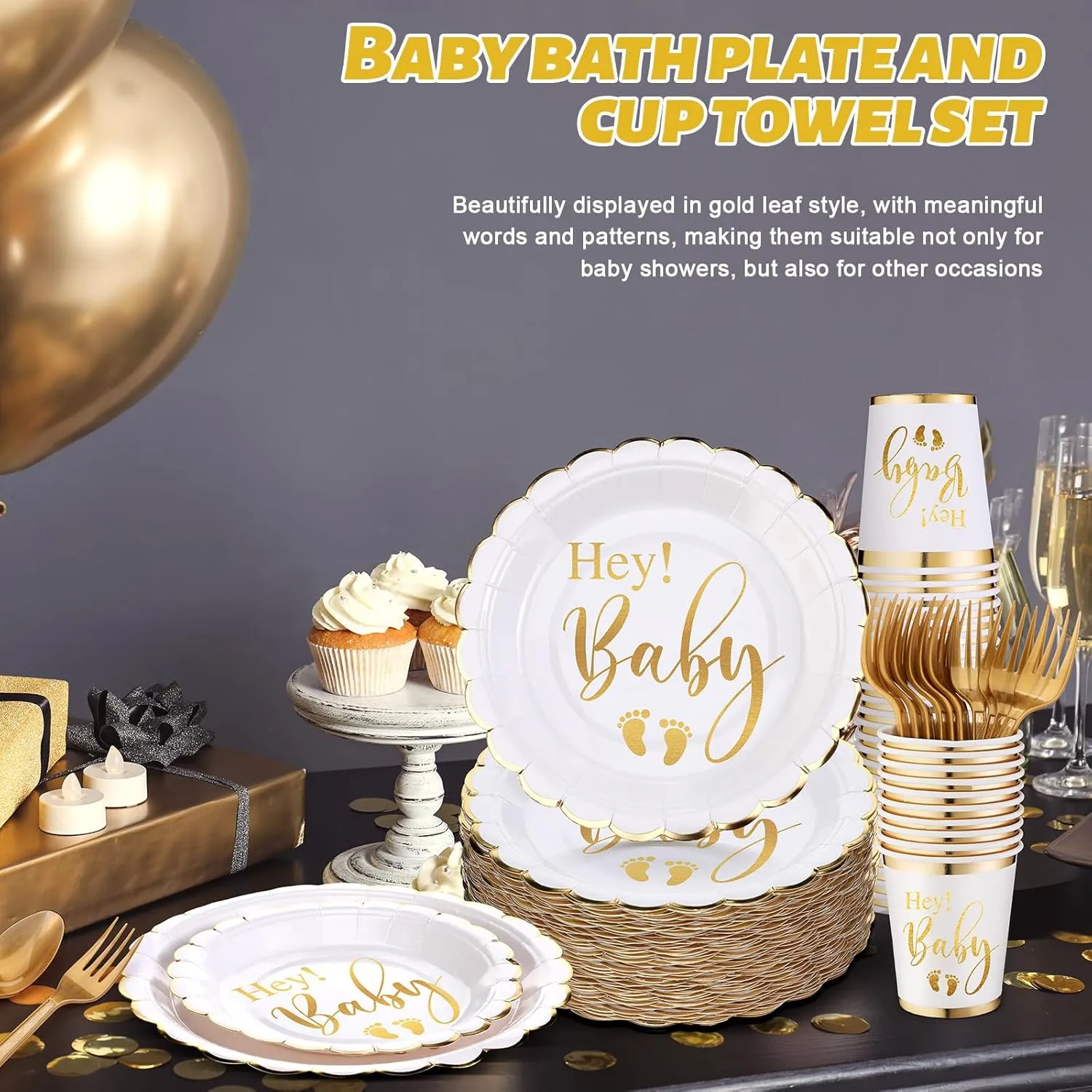 Yungyan 400 Pcs Baby Shower Dinnerware for 50 Guest Baby Shower Paper Plate Napkin Set Gender Reveal Plate Napkins Cup Footprint Disposable Knives Fork Spoon Gender Reveal(Gold,Delicate)