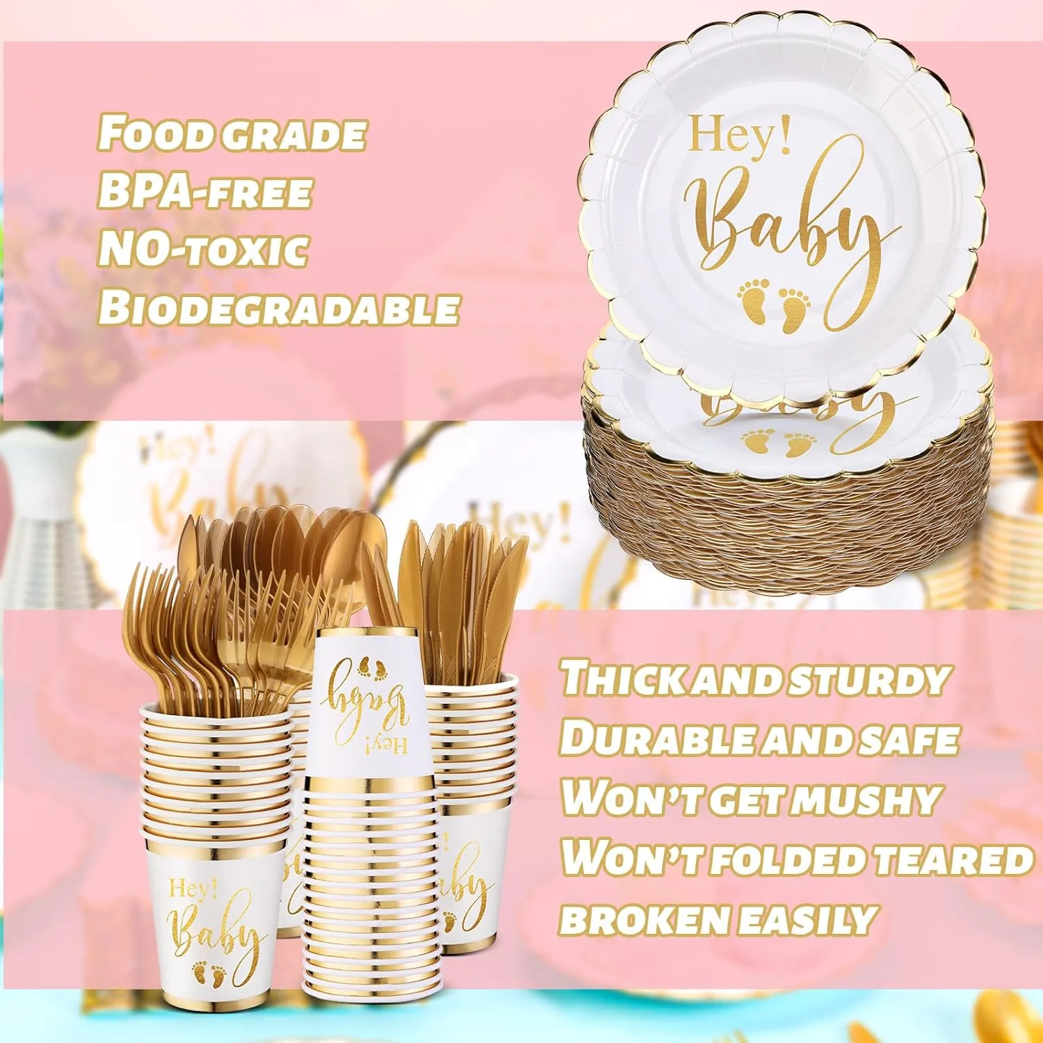Yungyan 400 Pcs Baby Shower Dinnerware for 50 Guest Baby Shower Paper Plate Napkin Set Gender Reveal Plate Napkins Cup Footprint Disposable Knives Fork Spoon Gender Reveal(Gold,Delicate)