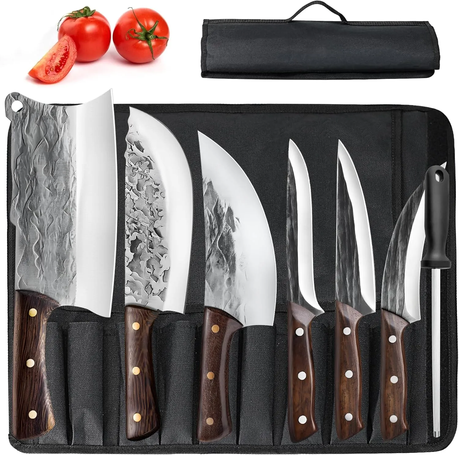 ZENG 7 Pieces Butcher Knife Set with Roll Bag, Chef Knife Set for Meat Cleaver Cutting & Viking Knives with Ergonomic Handles, Stainless Steel Hand Forged Kitchen Knife Set for Home, Cooking, Camping