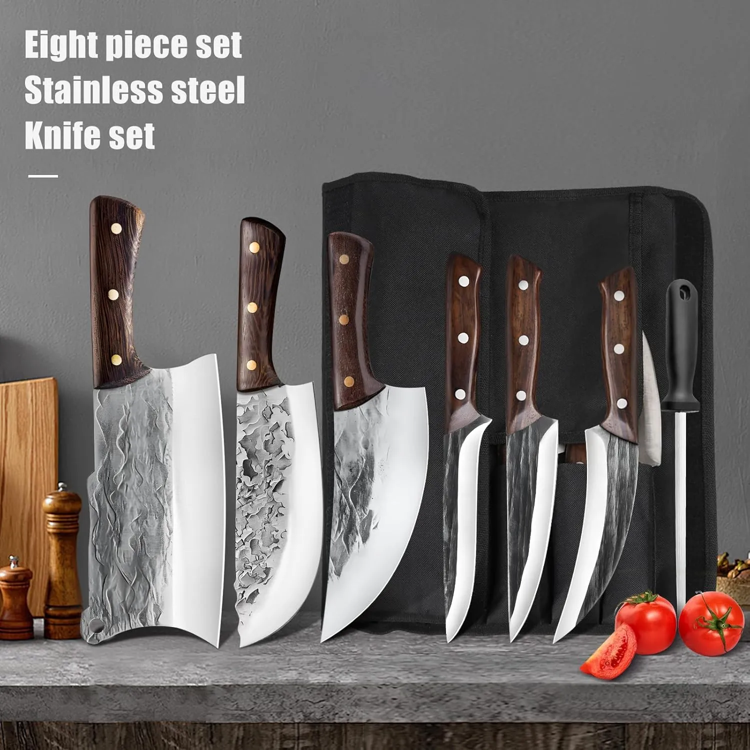 ZENG 7 Pieces Butcher Knife Set with Roll Bag, Chef Knife Set for Meat Cleaver Cutting & Viking Knives with Ergonomic Handles, Stainless Steel Hand Forged Kitchen Knife Set for Home, Cooking, Camping