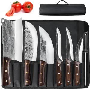 ZENG 7 Pieces Butcher Knife Set with Roll Bag, Chef Knife Set for Meat Cleaver Cutting & Viking Knives with Ergonomic Handles, Stainless Steel Hand Forged Kitchen Knife Set for Home, Cooking, Camping