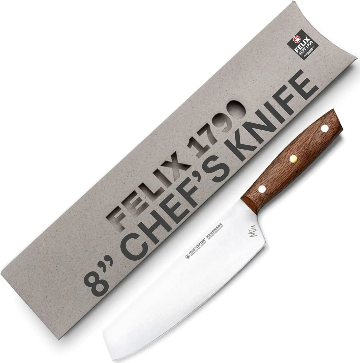 Zepter Felix MIU Chef Knife, 8in long global kitchen knife. Butcher knife for meat cutting, vegetable&bread slicing. Chef's walnut handle, sharp carbon steel, handmade Germany cooking tools est. 1790