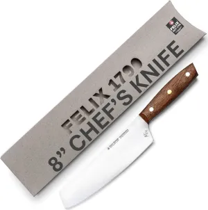 Zepter Felix MIU Chef Knife, 8in long global kitchen knife. Butcher knife for meat cutting, vegetable&bread slicing. Chef's walnut handle, sharp carbon steel, handmade Germany cooking tools est. 1790