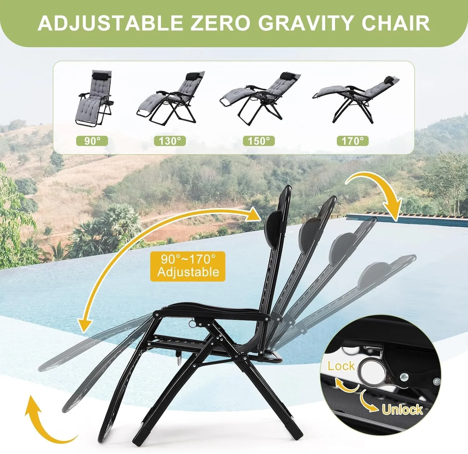 Zero Gravity Camping Chair with 440 Lbs Weight Capacity, Upgraded Aluminum Locking System, 4" Thick Removable Cushion, Portable & Foldable with Tray & Padded Headrest for Outdoor Relaxation