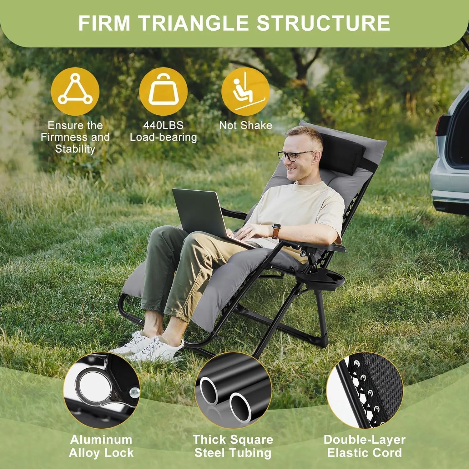 Zero Gravity Camping Chair with 440 Lbs Weight Capacity, Upgraded Aluminum Locking System, 4" Thick Removable Cushion, Portable & Foldable with Tray & Padded Headrest for Outdoor Relaxation