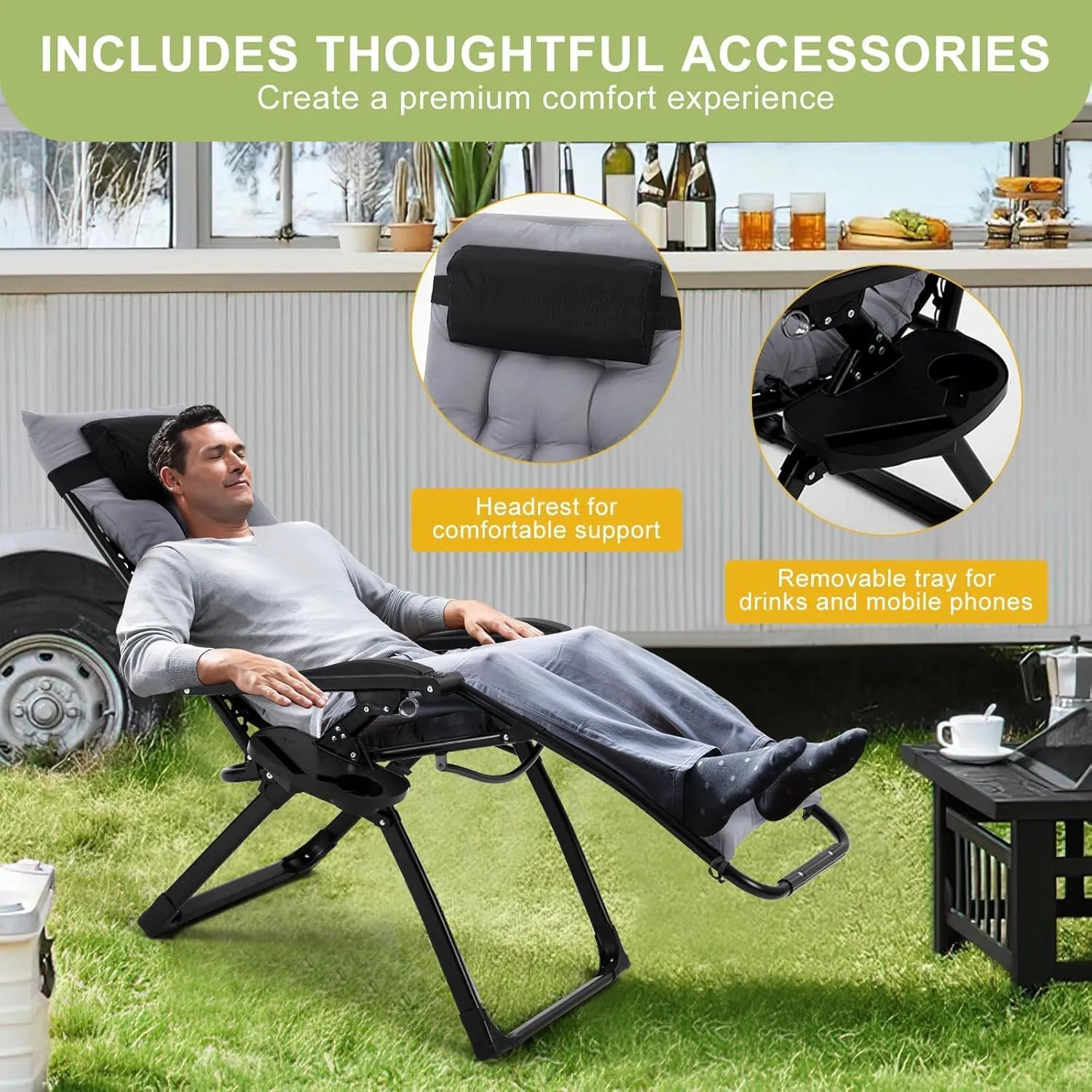 Zero Gravity Camping Chair with 440 Lbs Weight Capacity, Upgraded Aluminum Locking System, 4" Thick Removable Cushion, Portable & Foldable with Tray & Padded Headrest for Outdoor Relaxation