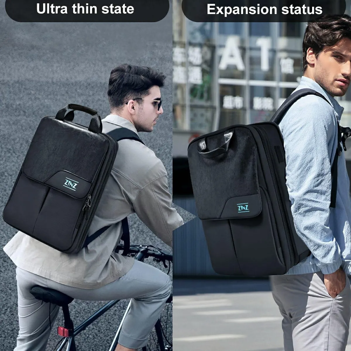 ZINZ Slim & Expandable Laptop Backpack 15.6 16 17 inch Travel Business Backpack Water-Resistant Daypack for Men and Women，Black