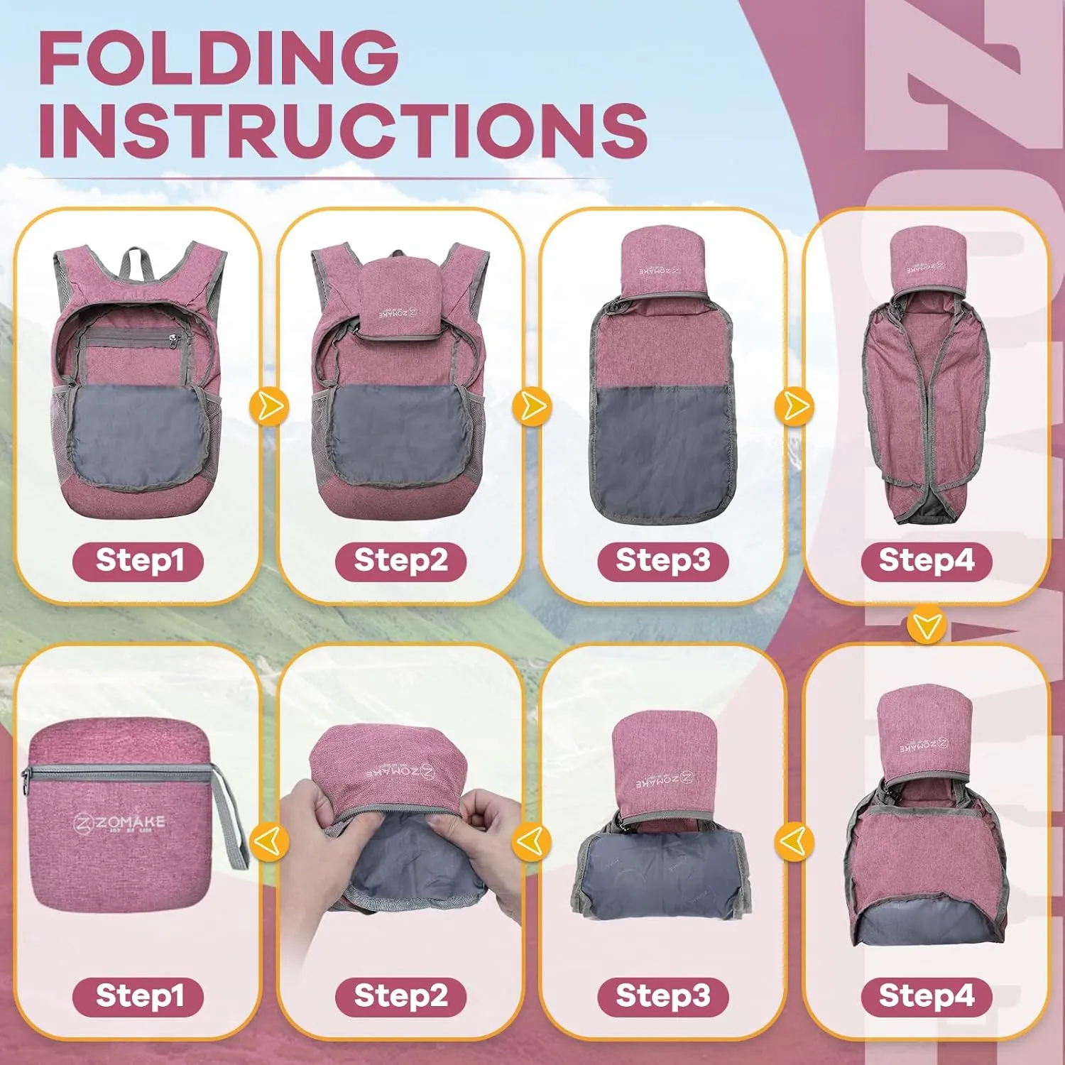 ZOMAKE 10L Ultra Lightweight Packable Backpack, Small Daypack Light Foldable Backpacks Water Resistant Day Bag for Hiking(Pink)