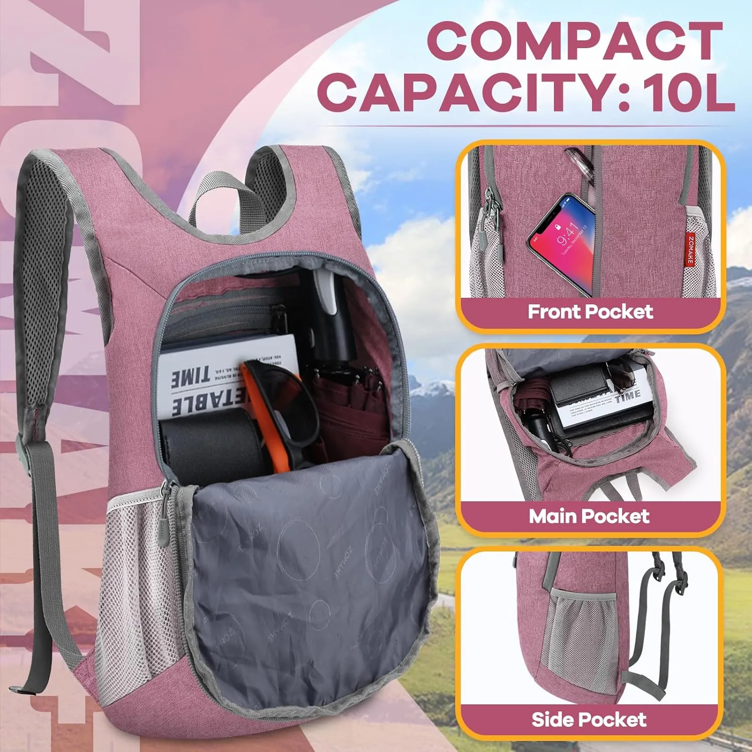 ZOMAKE 10L Ultra Lightweight Packable Backpack, Small Daypack Light Foldable Backpacks Water Resistant Day Bag for Hiking(Pink)
