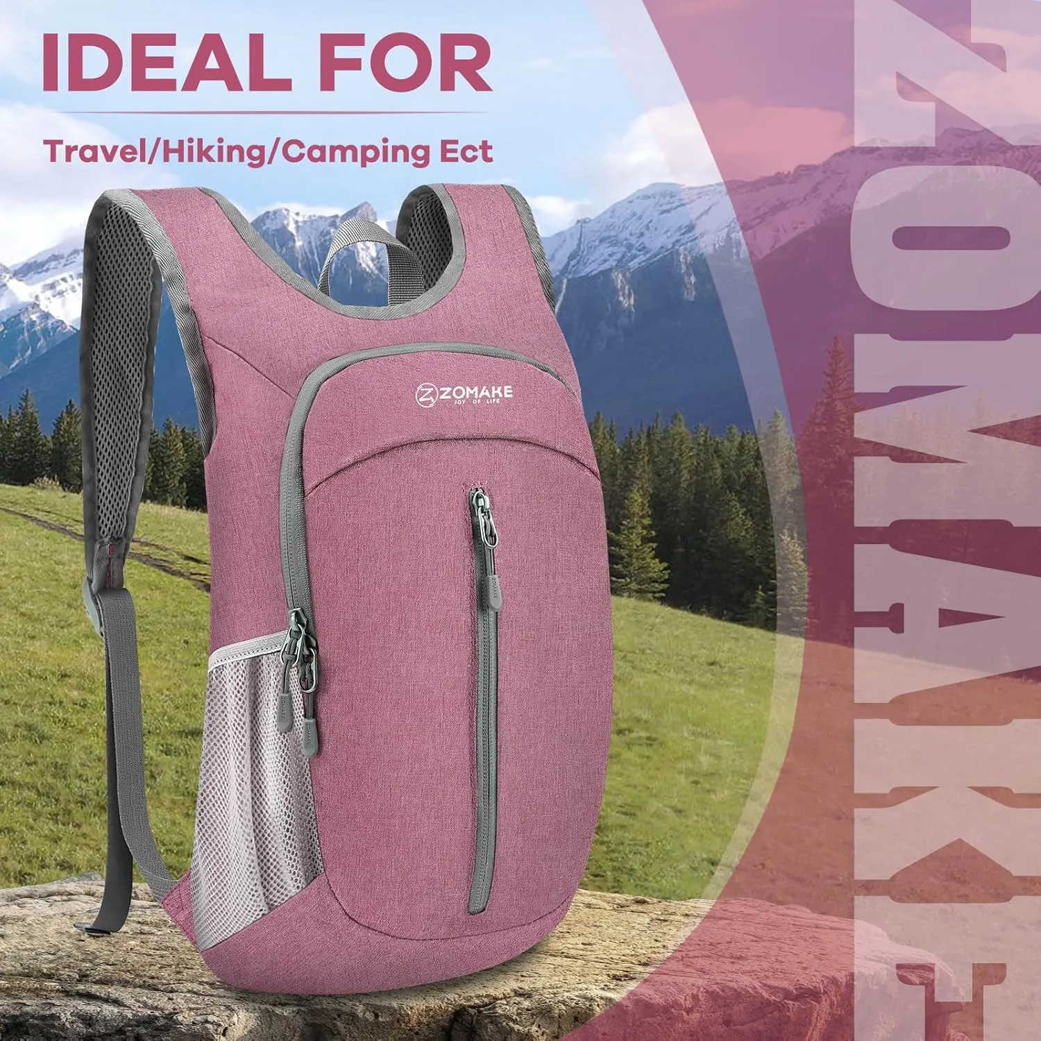 ZOMAKE 10L Ultra Lightweight Packable Backpack, Small Daypack Light Foldable Backpacks Water Resistant Day Bag for Hiking(Pink)
