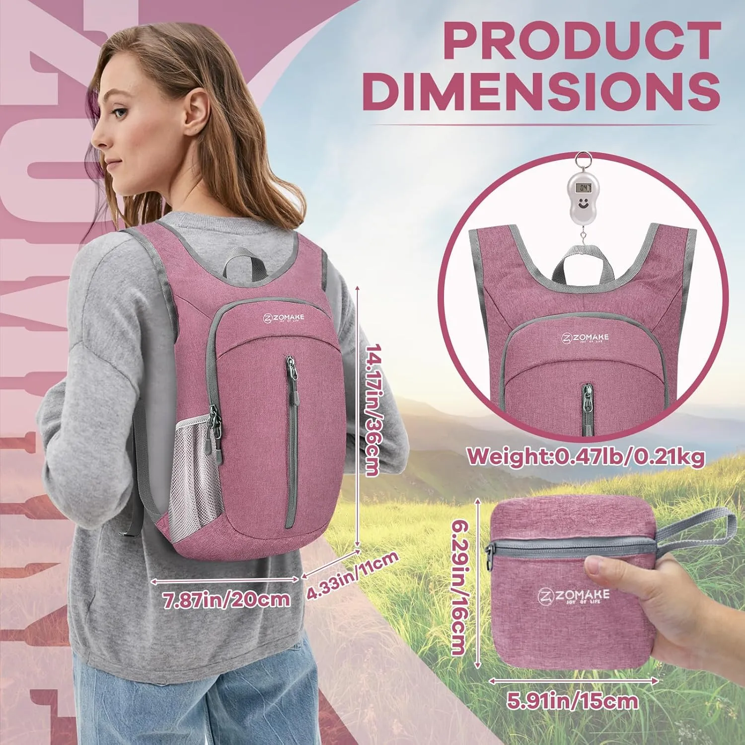 ZOMAKE 10L Ultra Lightweight Packable Backpack, Small Daypack Light Foldable Backpacks Water Resistant Day Bag for Hiking(Pink)
