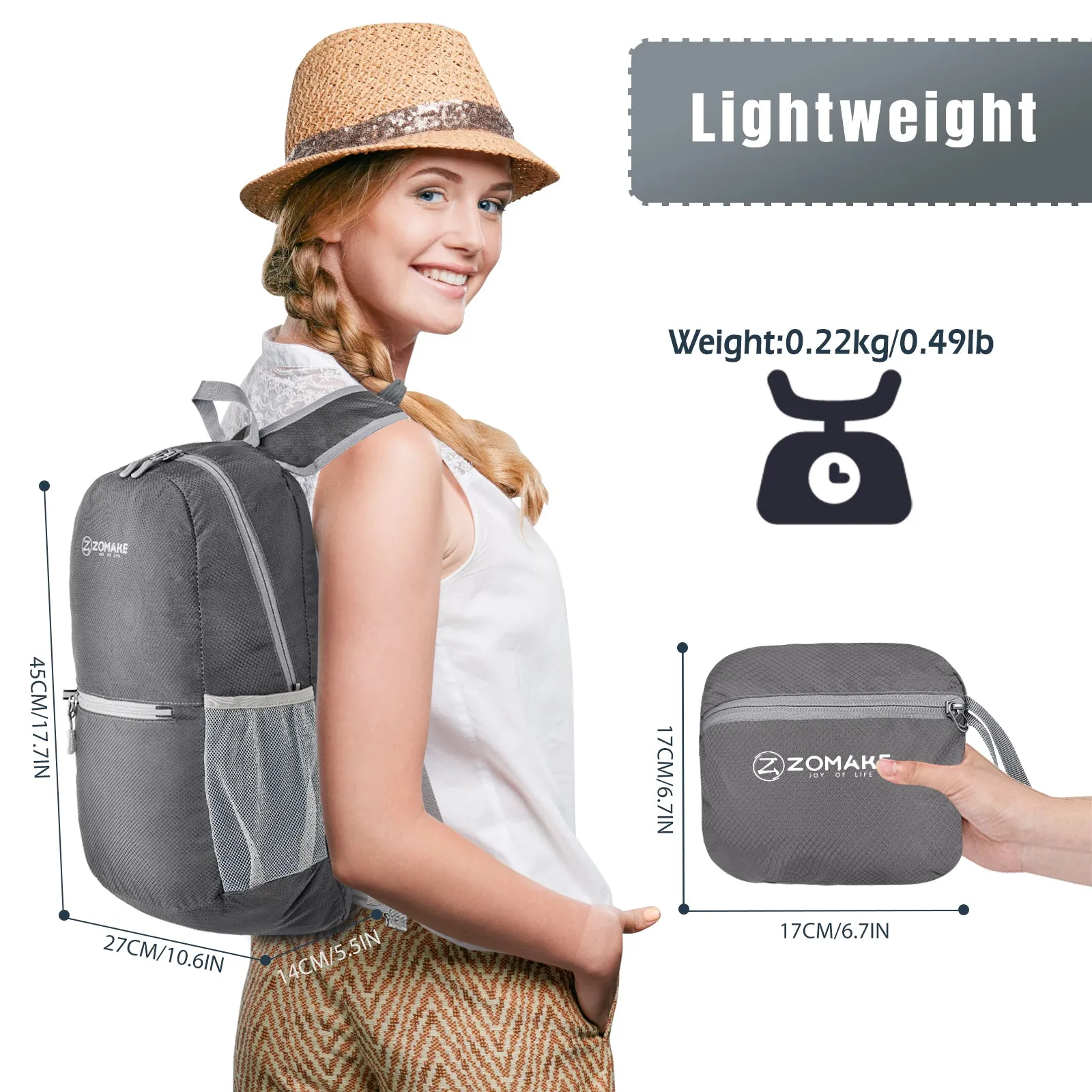 ZOMAKE Ultra Lightweight Hiking Backpack 20L, Packable Small Backpacks Water Resistant Daypack for Women Men(Medium Grey)