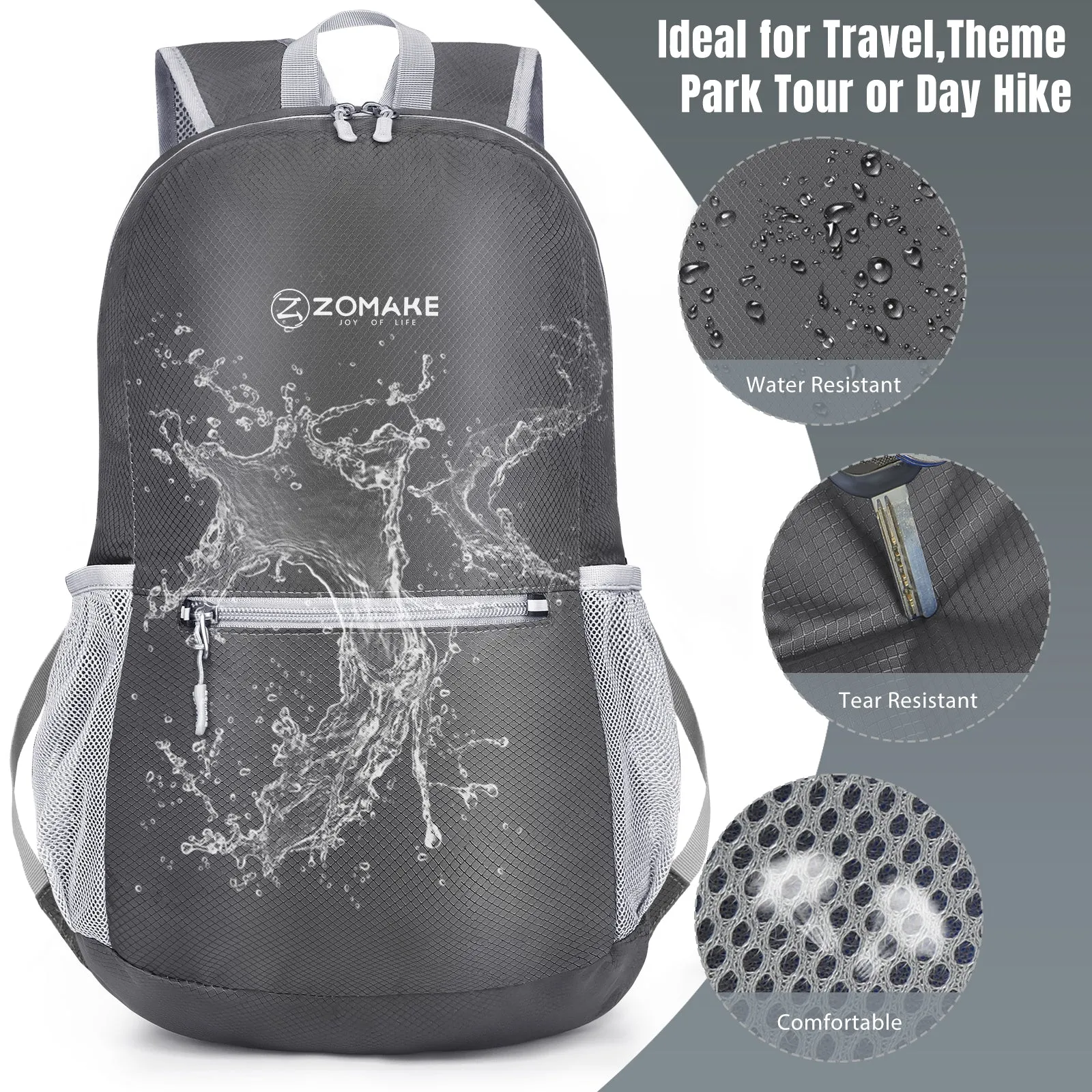 ZOMAKE Ultra Lightweight Hiking Backpack 20L, Packable Small Backpacks Water Resistant Daypack for Women Men(Medium Grey)
